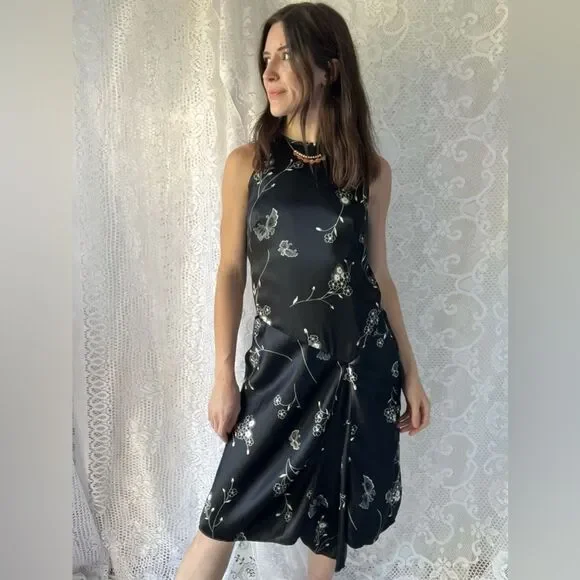 Vintage 90s Black Floral Butterfly High Neck Midi Dress - Picture 12 of 12